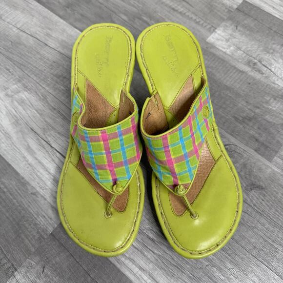 Born Wedges Size 8 Espadrille Tong Green Plaid Y2K 00s Preppy Leather Canvas - Picture 3 of 8